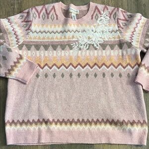 Alfred Dunner Telluride Womens Crew Neck Diamond Pullover Sweater Pink White